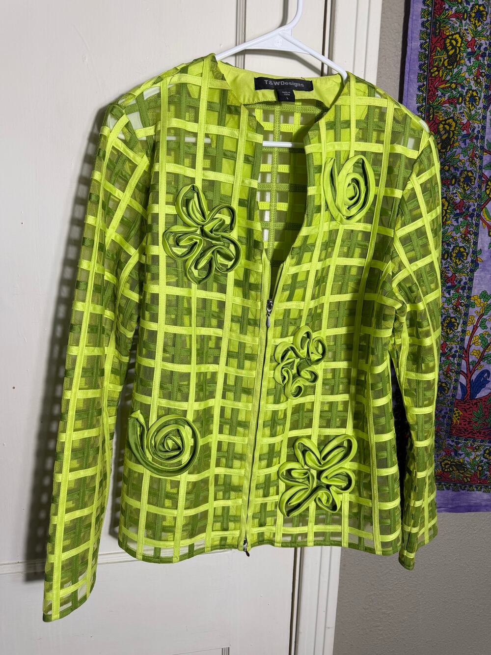T&W Designs Lime Green Sheer Mesh Jacket Ribbon Flower Art to Wear Y2K - Large